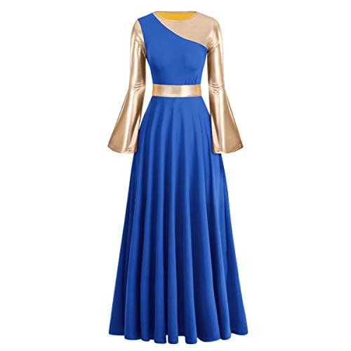 Women's Gold Metallic Worship Dance Dress with Bell Sleeves