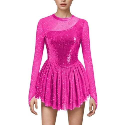 ODASDO Women's Sparkly Mesh Long Sleeve Figure Skating Leotard with Rhinestones Skirt