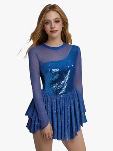 ODASDO Women's Sparkly Mesh Long Sleeve Figure Skating Leotard with Rhinestones Skirt