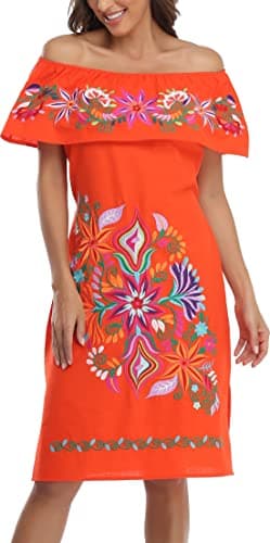 YZXDORWJ Women's Mexican Embroidered Ruffle Collar Dress