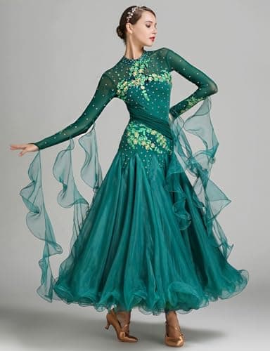 ELLYDOOR Women's Floral Rhinestone Ballroom Waltz Dress for Prom & Competition