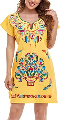 YZXDORWJ Women's Mexican V-Neck Fiesta Dress with Short Sleeves