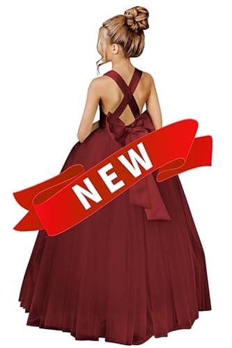 JISISANG Crossed Straps Satin Prom Dress with Bow Tulle for Flower Girls