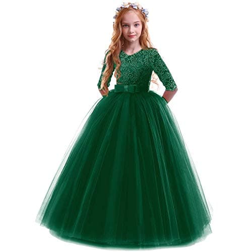 IBTOM CASTLE Girls' Flower Floral Lace 3/4 Sleeve Floor-Length Wedding Party Dress