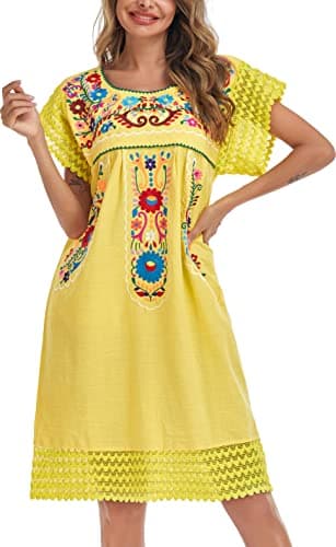 YZXDORWJ Women's Embroidered Mexican Peasant Lace Short Sleeve Dress