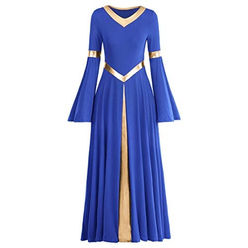 IBAKOM Women's Loose Fit Full Length Metallic Gold V-Neck Worship Dance Costume