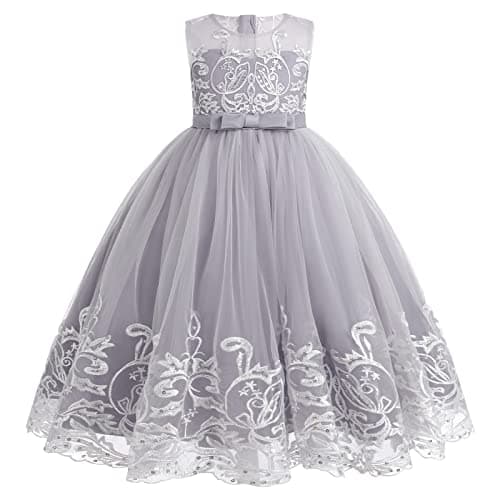 IDOPIP Kids' Flower Girl Lace Formal Long Tulle Dress for Weddings Bridesmaids