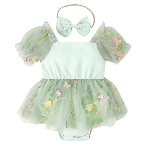 Baby Girls Birthday Party Dress with Flower Embroidery Short Sleeve Sundress and Headband