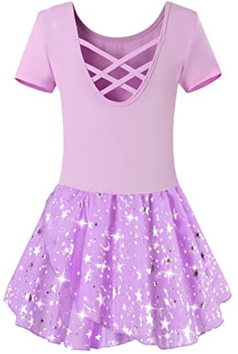 WYHDY Girls' Shiny Ballet Leotards with Hollow Crisscross Back Short Sleeve