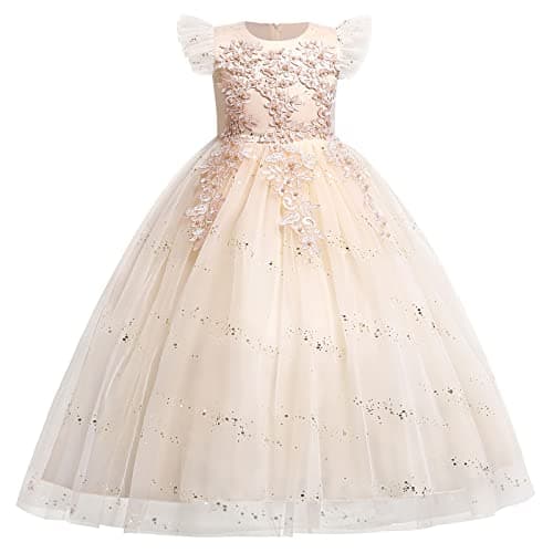 IDOPIP Kids' Flower Girl Lace Formal Long Tulle Dress for Weddings Bridesmaids