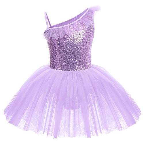 IDOPIP Girls' Sequin One-Shoulder Ballet Dance Tutu Skirted Leotard Costume