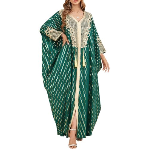 IDOPIP Women's Muslim Ramadan Dress - Long Sleeve Floral Maxi Kaftan Robe
