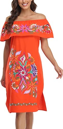 YZXDORWJ Women's Mexican Embroidered Ruffle Collar Dress