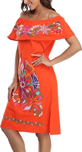 YZXDORWJ Women's Mexican Embroidered Ruffle Collar Dress