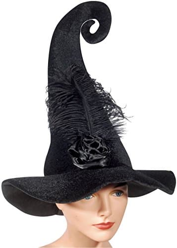 Loftus Curly Witch Costume Hat with Feather Black One Size