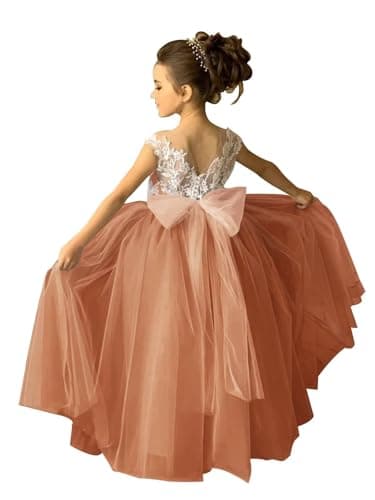 Zikusel Lace Applique Tulle Flower Girl Wedding Dress V-Back Satin Bow Knot