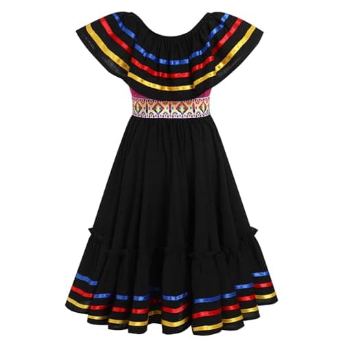 Mexican Folk Ruffle Drape Dress for Girls with Belt