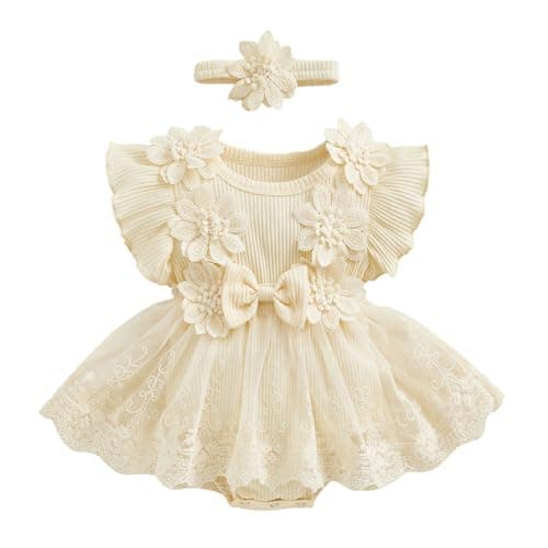 Newborn Baby Girls' 2pc Summer Set: Lace Romper Dress with Bowknot Headband