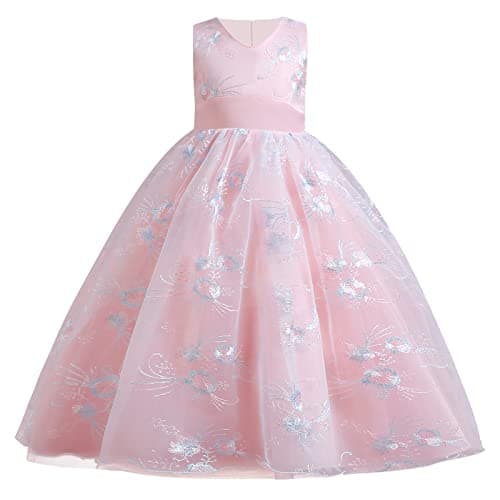 IDOPIP Kids' Flower Girl Lace Formal Long Tulle Dress for Weddings Bridesmaids