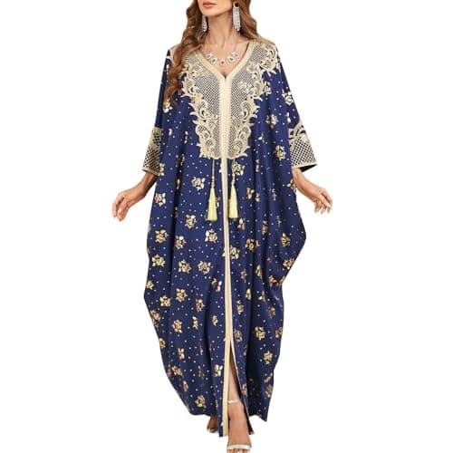 IDOPIP Women's Muslim Ramadan Dress - Long Sleeve Floral Maxi Kaftan Robe