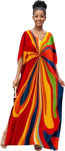 RanRui Ethnic Floral Kaftan Dress for Women Boho Swim Cover-Up
