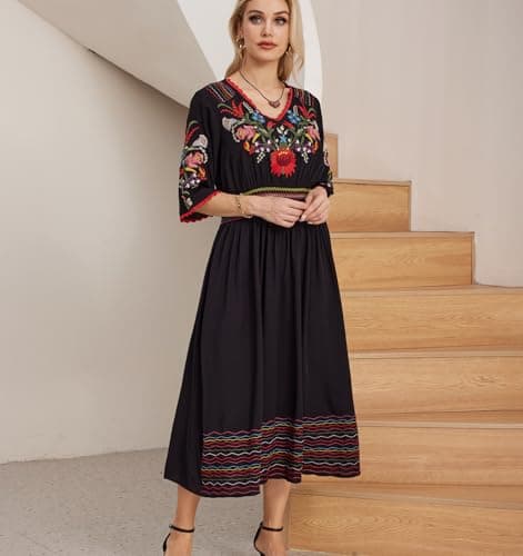 Higustar Mexican Embroidered Midi Floral Boho Dress for Women