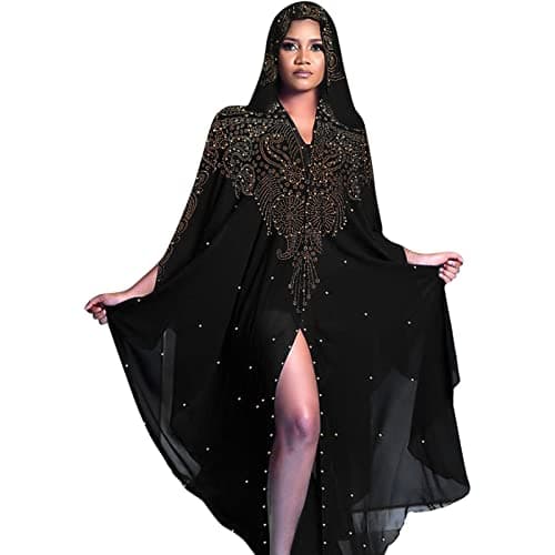 OBEEII Loose Batwing Hooded Beaded Embroidery Abaya Dress for Women