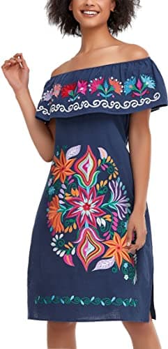 YZXDORWJ Women's Mexican Embroidered Ruffle Collar Dress