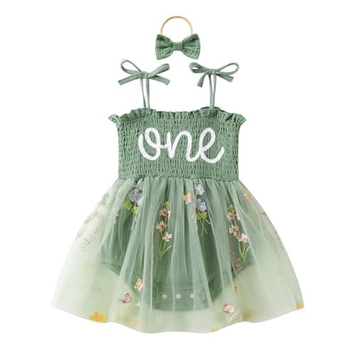 DLLYING Baby Girl Summer Smocked Fairy Berry One-Piece Tulle Romper with Headband