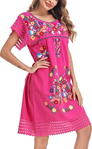 YZXDORWJ Women's Embroidered Mexican Peasant Lace Short Sleeve Dress