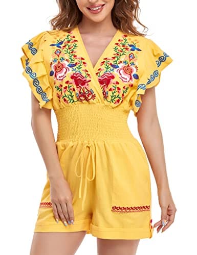 YZXDORWJ Women's Mexican Embroidered Floral V-Neck Butterfly Sleeve Jumpsuit