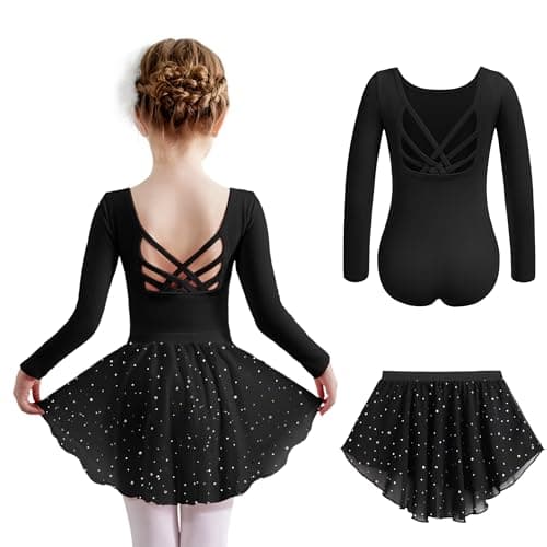 Zaclotre Long Sleeve Ballet Leotard with Crisscross Back & Shiny Skirt Combo