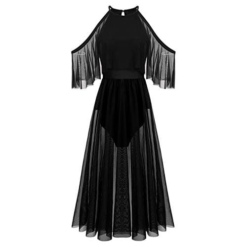 Lyrical Dance Costume for Women: Shiny Cross-Strap Mesh Tulle Dress