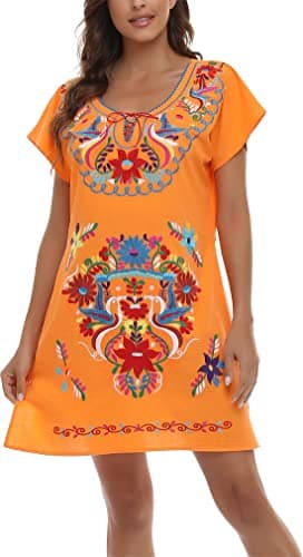 YZXDORWJ Women's Mexican V-Neck Fiesta Dress with Short Sleeves