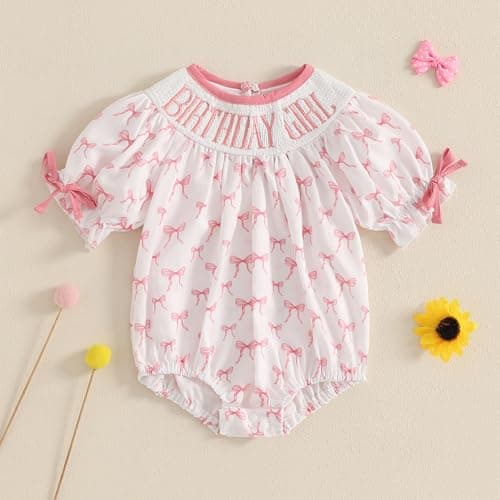 Lamuusaa Toddler Birthday Girl Embroidery Romper Bow Print Bodysuit