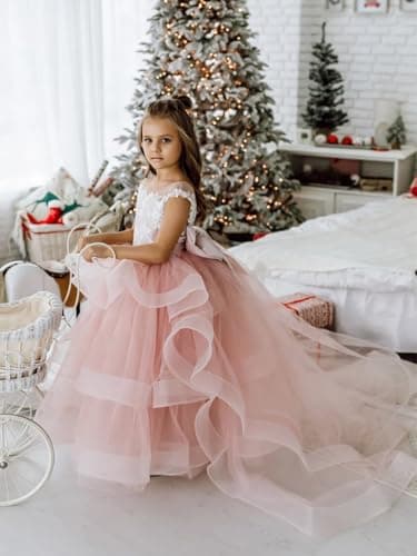 Zikusel Lace Applique Flower Girl Tiered Tulle Wedding Dress