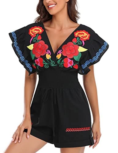YZXDORWJ Women's Mexican Embroidered Floral V-Neck Butterfly Sleeve Jumpsuit