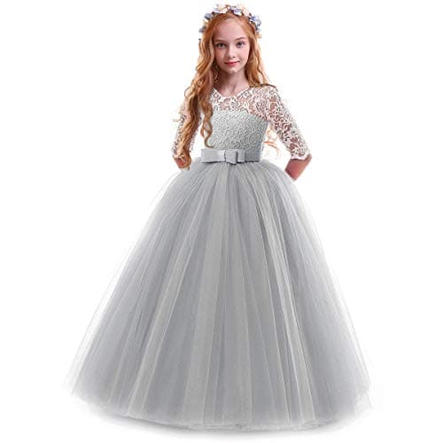 IBTOM CASTLE Girls' Flower Floral Lace 3/4 Sleeve Floor-Length Wedding Party Dress