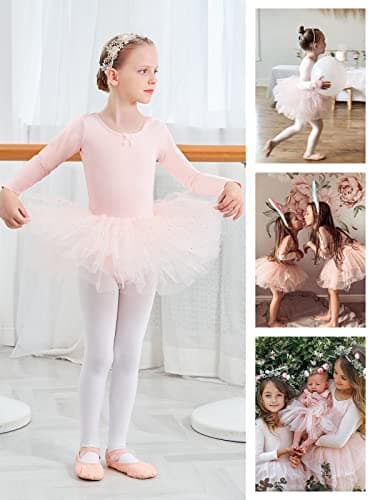 Gorphnc Pink Long Sleeve Dance Leotard with Tutu Skirt for Girls