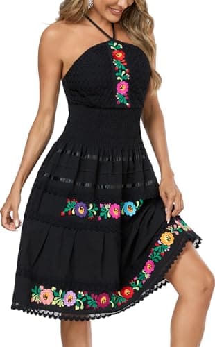 Embnoyes Black Flowy Halter Mini Dress for Women