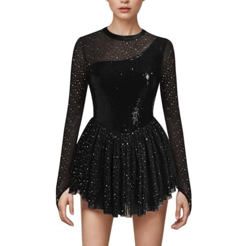 ODASDO Women's Sparkly Mesh Long Sleeve Figure Skating Leotard with Rhinestones Skirt