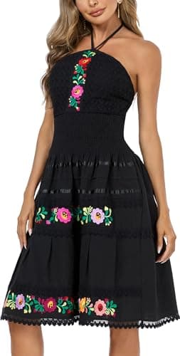 Embnoyes Black Flowy Halter Mini Dress for Women