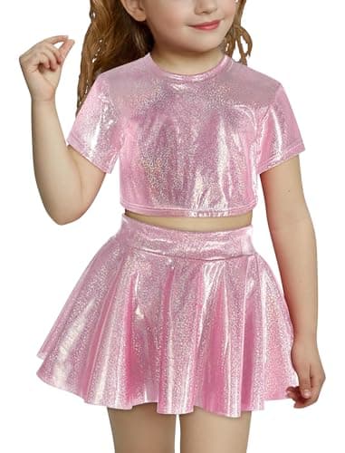 ODASDO Shiny Metallic Crop Top & Pleated Skirt Set for Girls Performance Dancewear