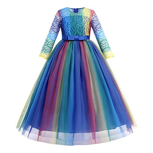 IBTOM CASTLE Girls' Flower Floral Lace 3/4 Sleeve Floor-Length Wedding Party Dress