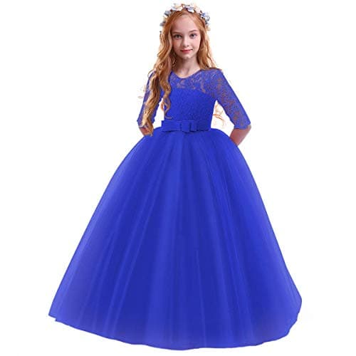 IBTOM CASTLE Girls' Flower Floral Lace 3/4 Sleeve Floor-Length Wedding Party Dress