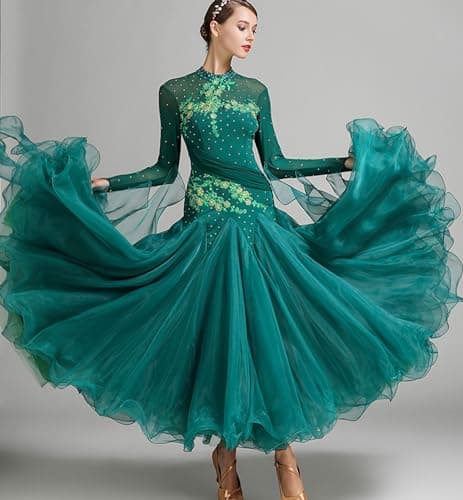 ELLYDOOR Women's Floral Rhinestone Ballroom Waltz Dress for Prom & Competition