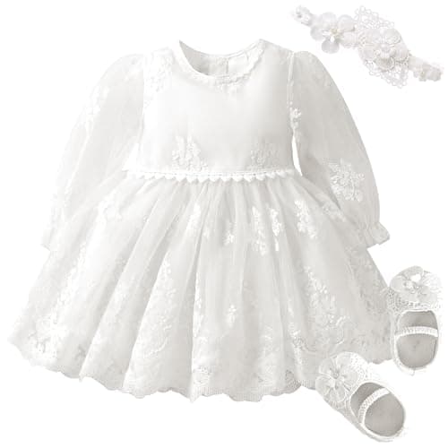 Booulfi White Lace Baby Girl Baptism Dress 3pcs Set
