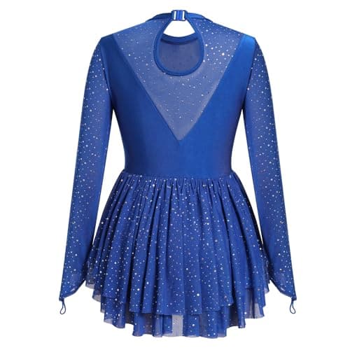 ODASDO Women's Sparkly Mesh Long Sleeve Figure Skating Leotard with Rhinestones Skirt