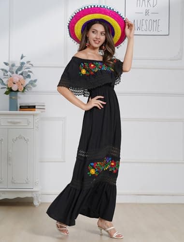 ABEHIK Women's Off-Shoulder Embroidered Mexican Maxi Dress for Cinco de Mayo