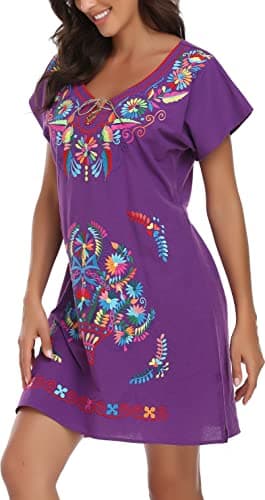 YZXDORWJ Women's Mexican V-Neck Fiesta Dress with Short Sleeves